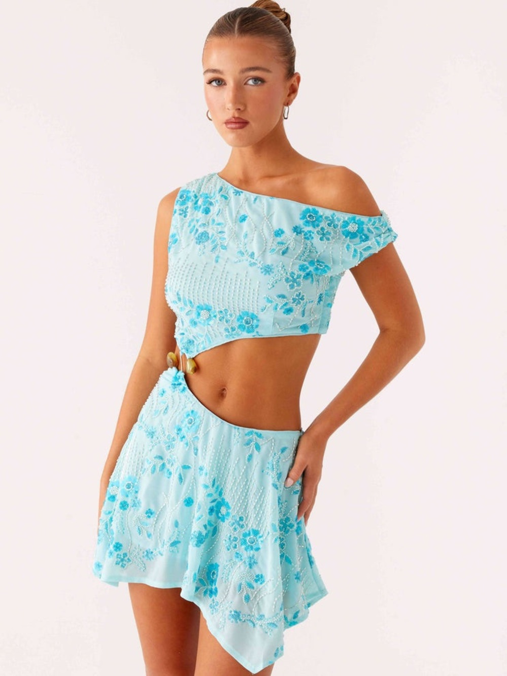 Peppermayo Aqua Blue One-Shoulder Embroidered Crop Top & Skirt Set